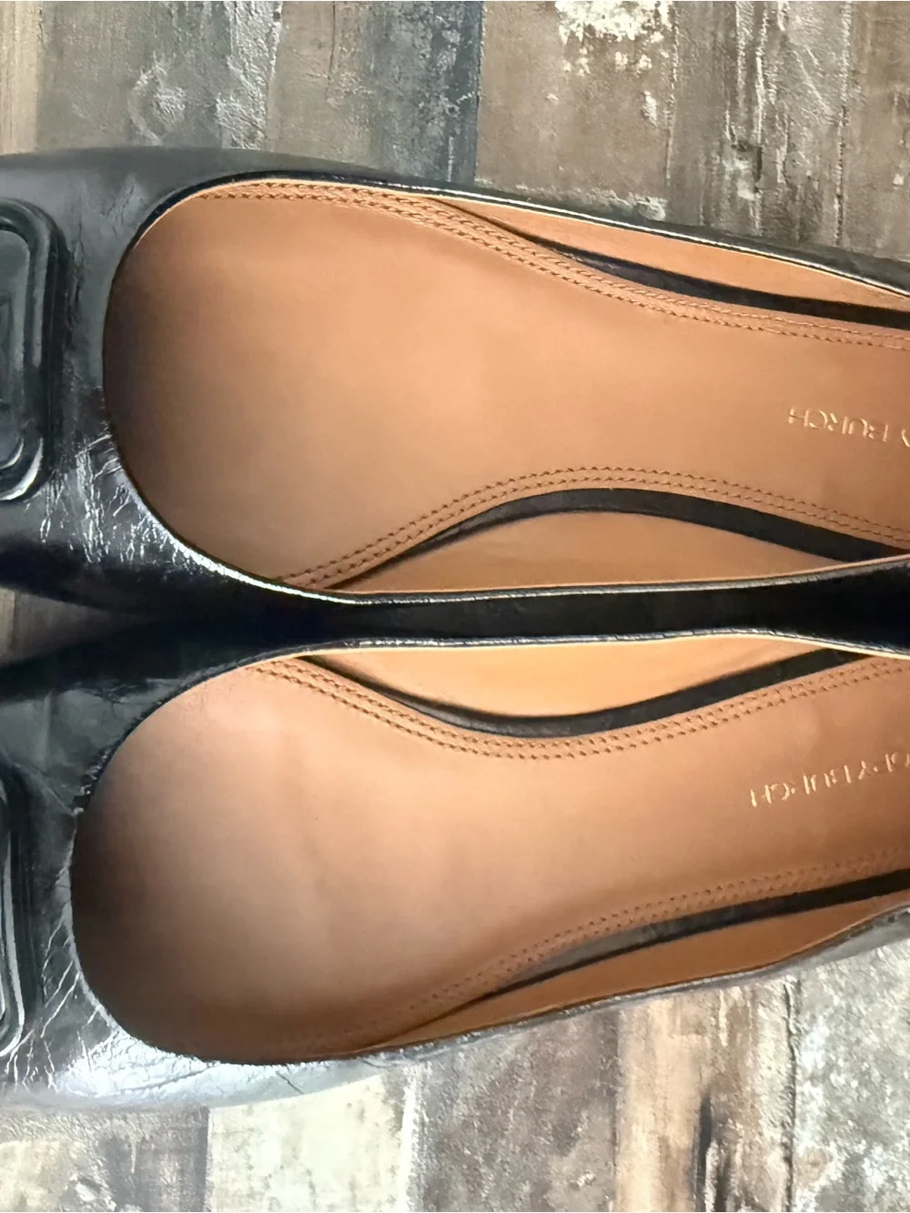 Tory Burch Black Patent Leather Square-Toe Logo Ballet Flats